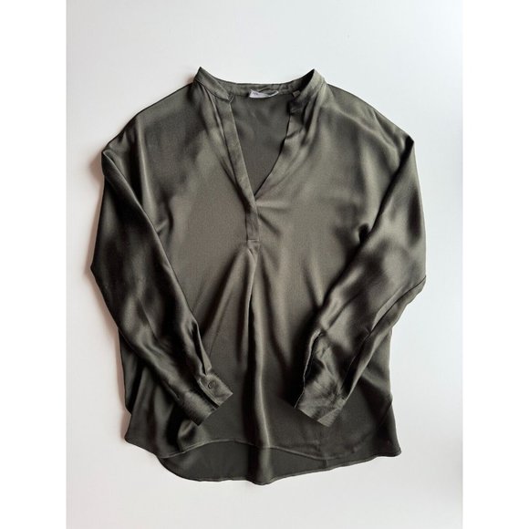 VINCE Olive Green Silk Charmeuse Split Neck Relaxed Tunic Blouse, Size S - Picture 8 of 15